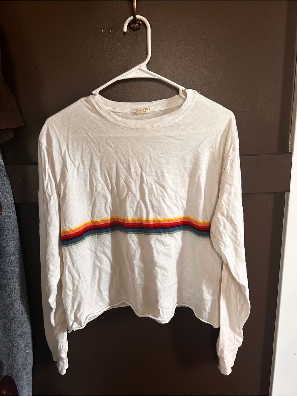 Brandy Melville White Long Sleeve Tee with Rainbow Stripe